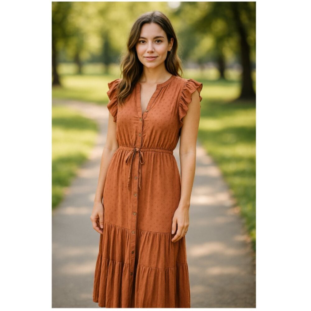 Emerson Fry tuckernuck Midi Dress Womens size small Orange V Neck Cotton